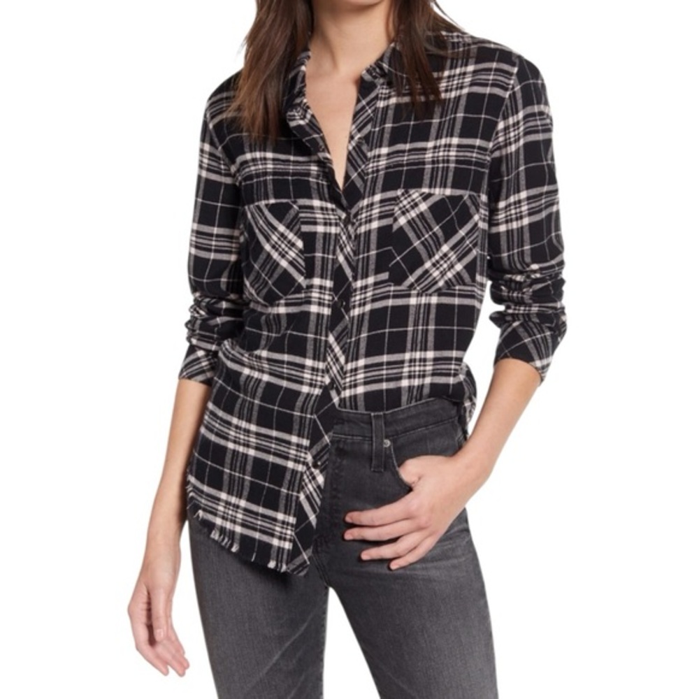 Rails Shirt Womens S Leo Snap Button Raw Hem Flannel Top Black Plaid Western